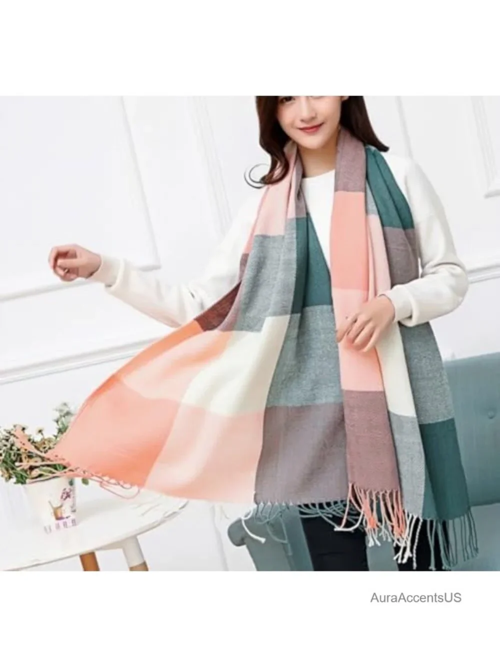 Women's Large Plaid Shawl Wrap Winter Warm Soft Polyester Scarf Blanket